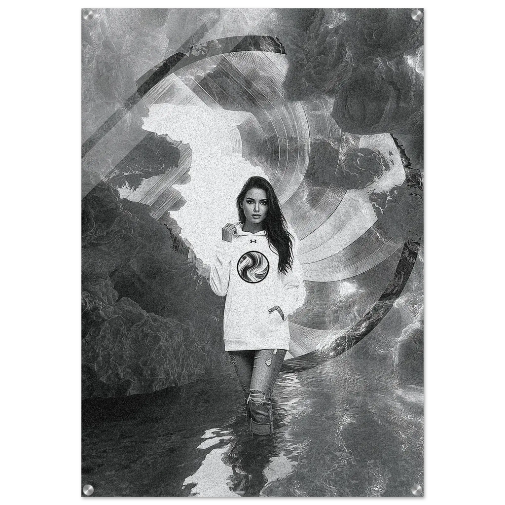 A black and white poster print featuring a woman in a white sweatshirt with a circular logo, standing in reflective water against a surreal, swirling abstract background.