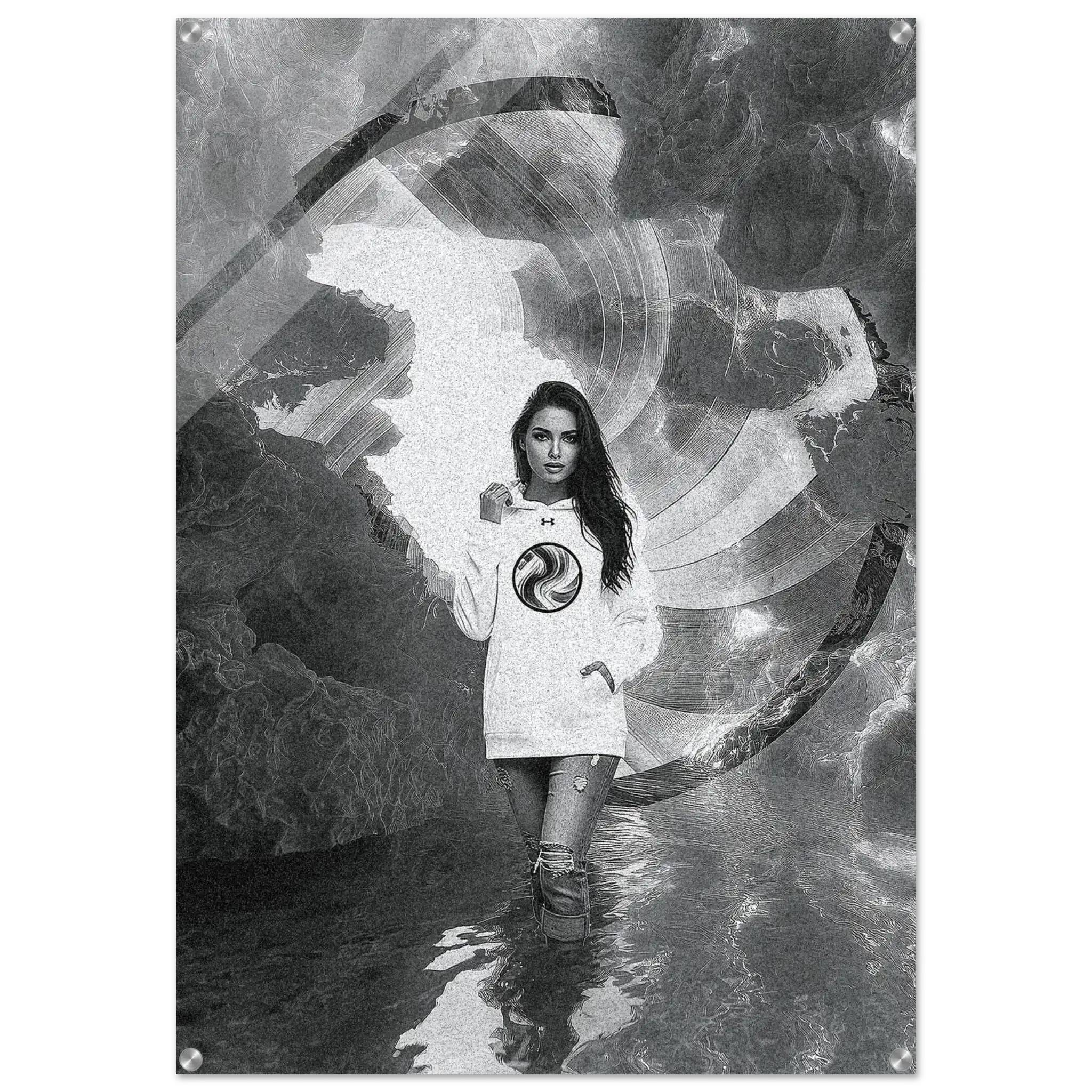 A black and white poster print featuring a woman in a white sweatshirt with a circular logo, standing in reflective water against a surreal, swirling abstract background.