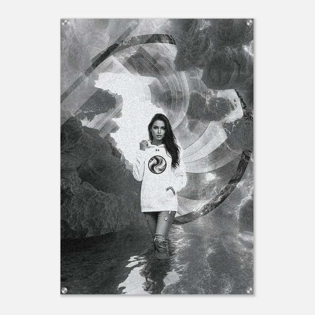 A black and white poster print featuring a woman in a white sweatshirt with a circular graphic, standing in a surreal, circular, cloud-like environment. The poster is shown hanging against a light gray wall.