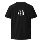 Back of a black premium t-shirt with a small white Form Finding Design monogram between the shoulder blades.