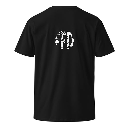 Back of a black premium t-shirt with a small white Form Finding Design monogram between the shoulder blades.