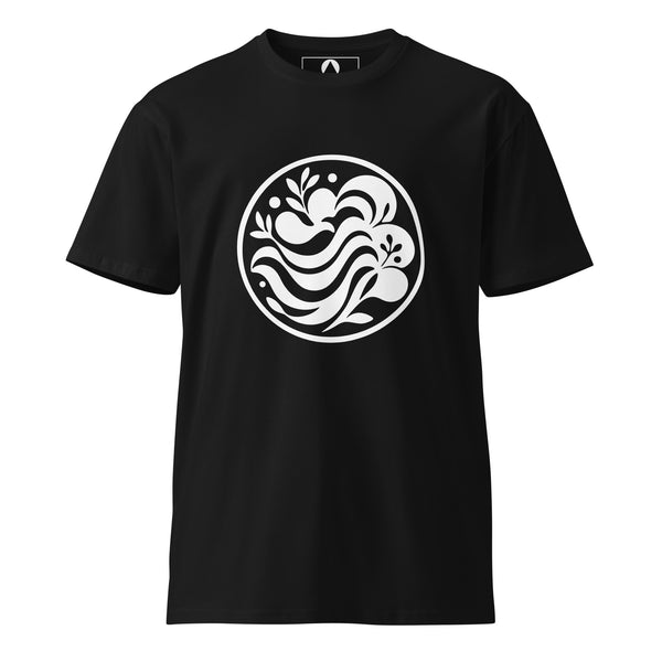 Black premium t-shirt, front, with a large white circular Form Finding Design icon of flowing forms and leaf sprigs.