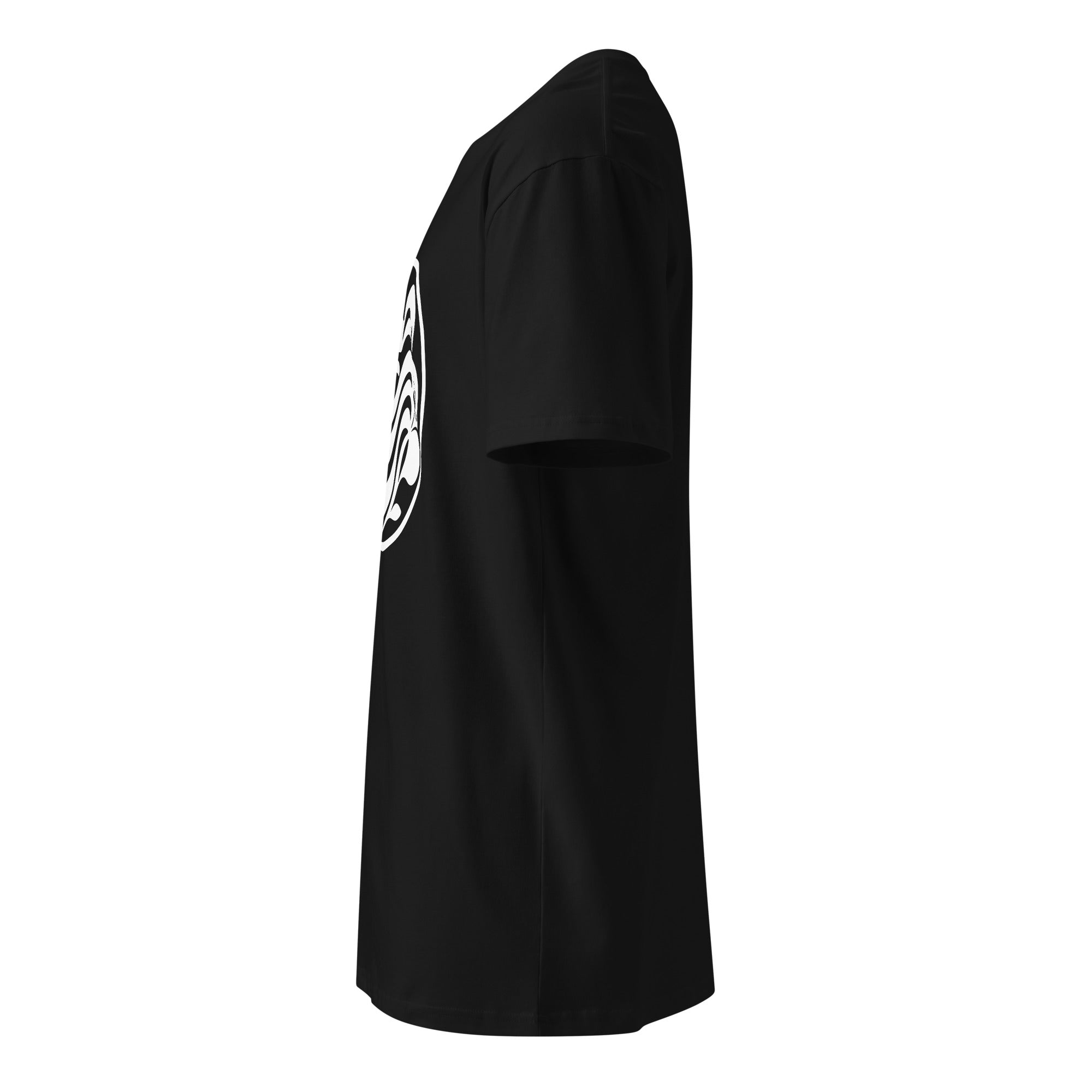 Left side profile of a black crew neck t-shirt, short sleeve and side seam visible, edge of the chest emblem at left