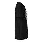 Right side profile of the black t-shirt showing sleeve, straight hem and the chest emblem's edge at right