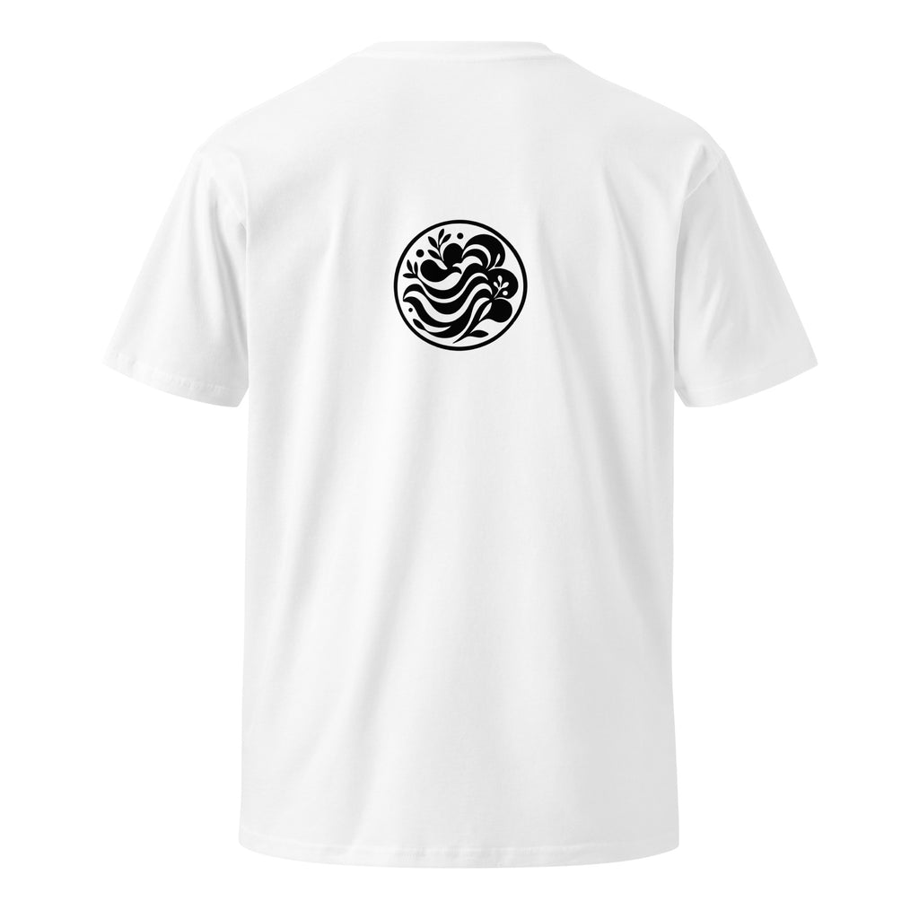 Back of a white t-shirt with a small black ringed emblem of flowing botanical forms between the shoulder blades