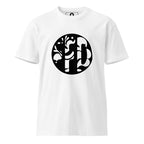 White cotton t-shirt with a large black circular emblem on the chest, Form Finding Design monogram cut from the disc