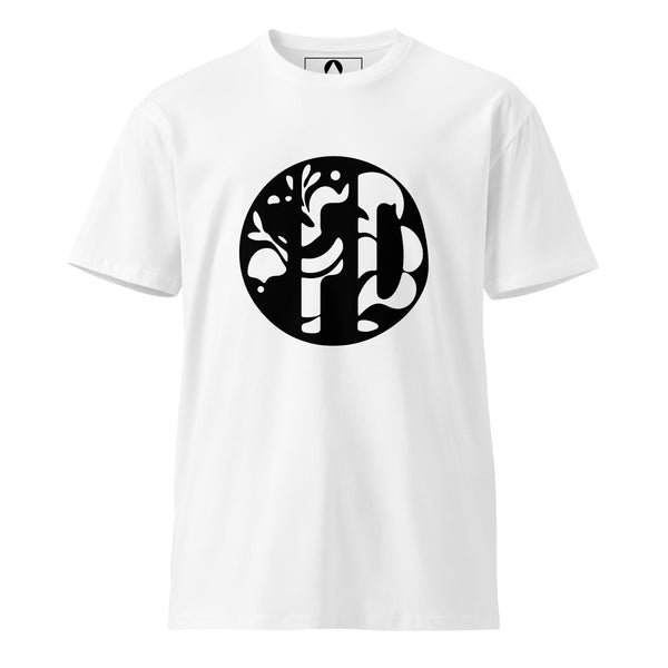 White cotton t-shirt with a large black circular emblem on the chest, Form Finding Design monogram cut from the disc