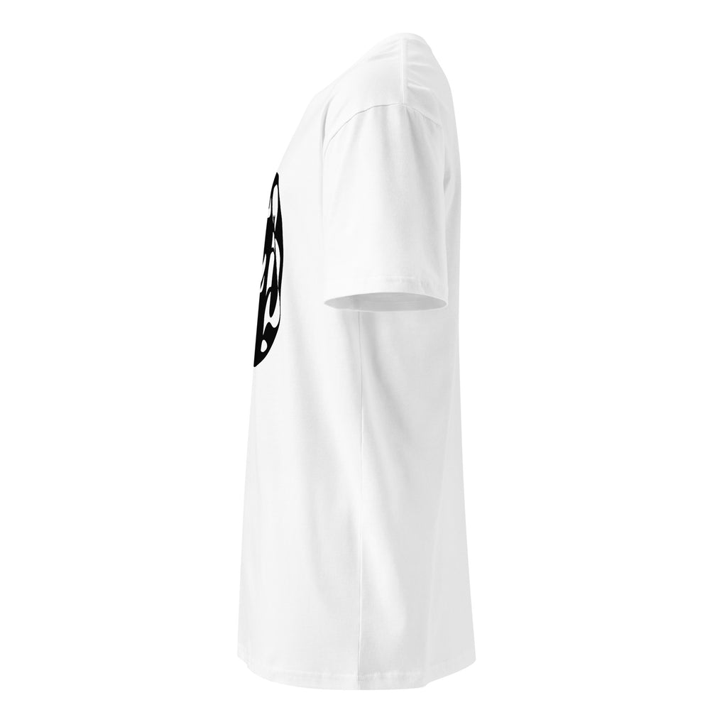 Left side profile of a white crew neck t-shirt, short sleeve and side seam visible, edge of the chest emblem at left