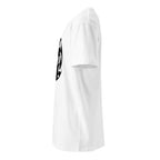 Left side profile of a white crew neck t-shirt, short sleeve and side seam visible, edge of the chest emblem at left