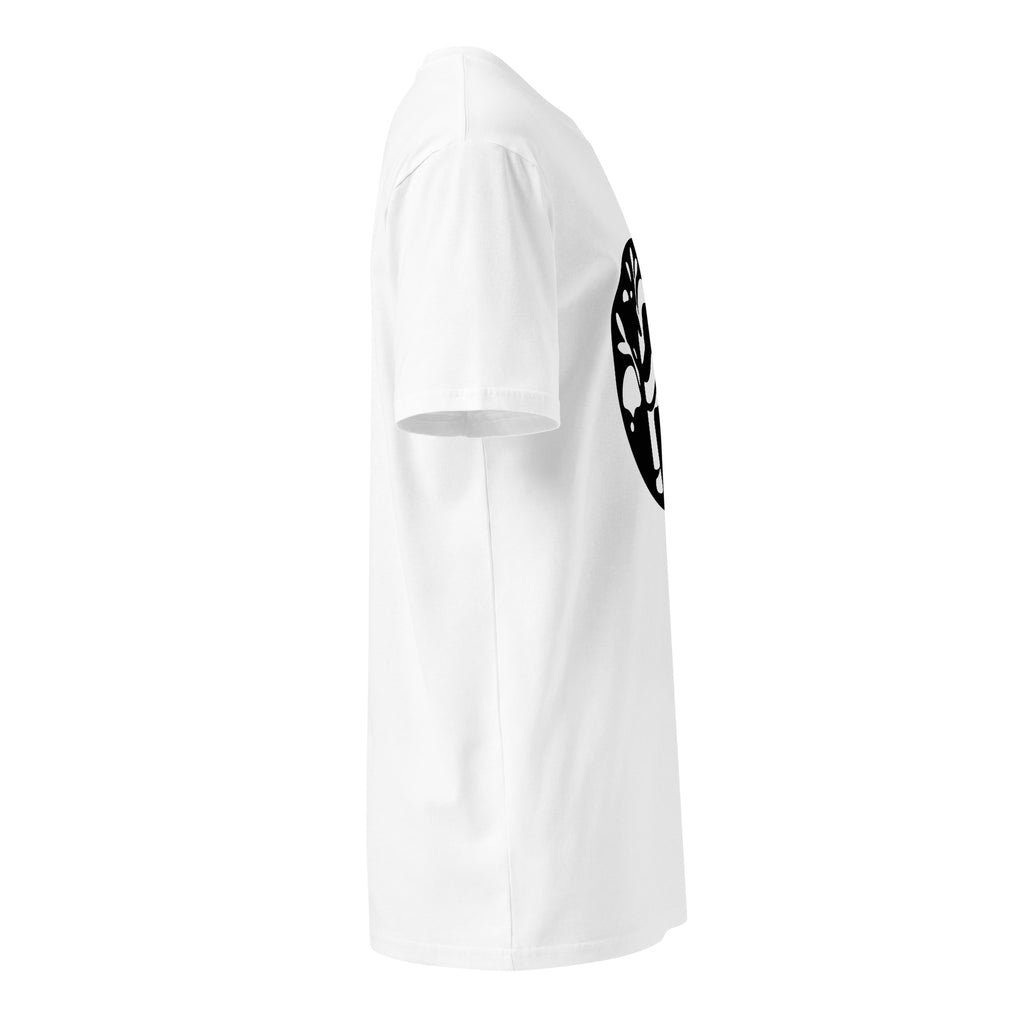 Right side profile of the white t-shirt showing sleeve, straight hem and the chest emblem's edge at right