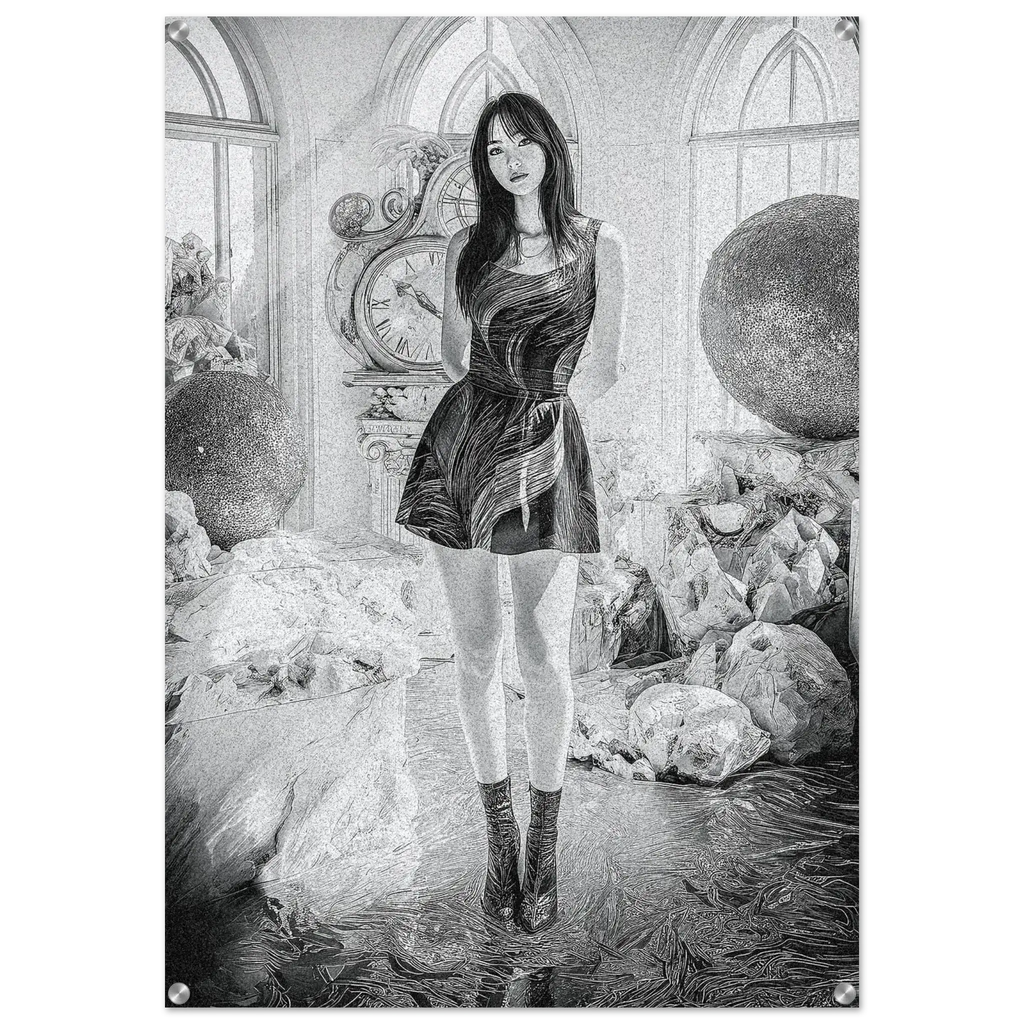 A black and white art print featuring a surreal illustration of a young woman in a dress and boots standing in a room with oversized spheres and stone-like forms, shown against a light gray background.