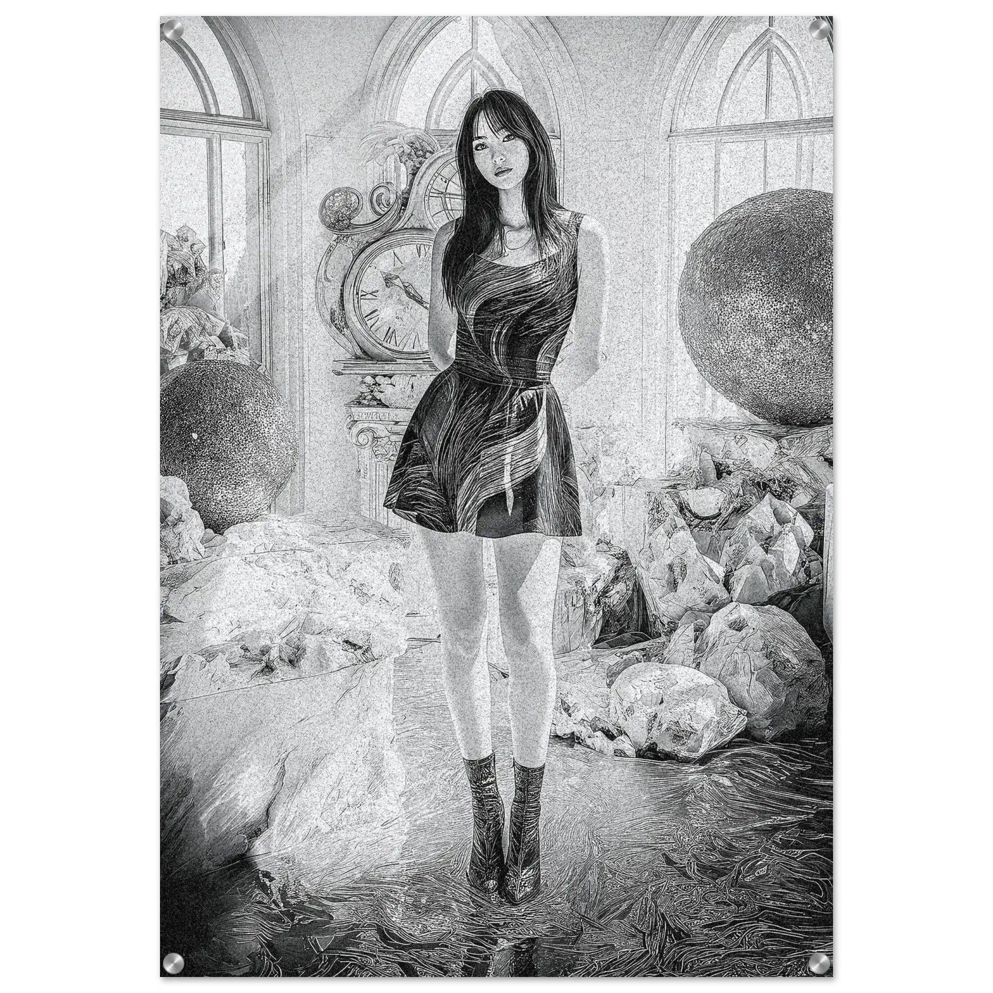 A black and white art print featuring a surreal illustration of a young woman in a dress and boots standing in a room with oversized spheres and stone-like forms, shown against a light gray background.