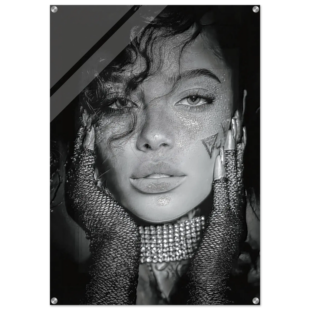 A black and white fashion poster print featuring a close-up portrait of a woman with glittery makeup, rhinestone gloves, and geometric graphic elements in the background.