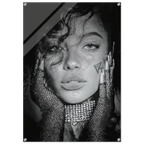 A black and white fashion poster print featuring a close-up portrait of a woman with glittery makeup, rhinestone gloves, and geometric graphic elements in the background.
