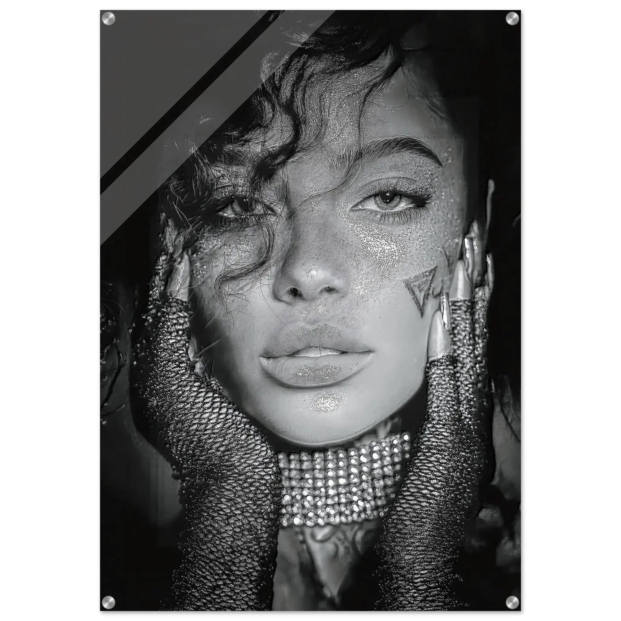 A black and white fashion poster print featuring a close-up portrait of a woman with glittery makeup, rhinestone gloves, and geometric graphic elements in the background.