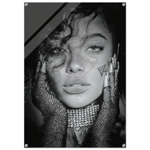A black and white fashion poster print featuring a close-up portrait of a woman with glittery makeup, rhinestone gloves, and geometric graphic elements in the background.