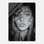 A black and white fashion portrait print of a woman with glitter, rhinestone gloves, and dramatic hair, shown as a poster or wall art with visible mounting holes.