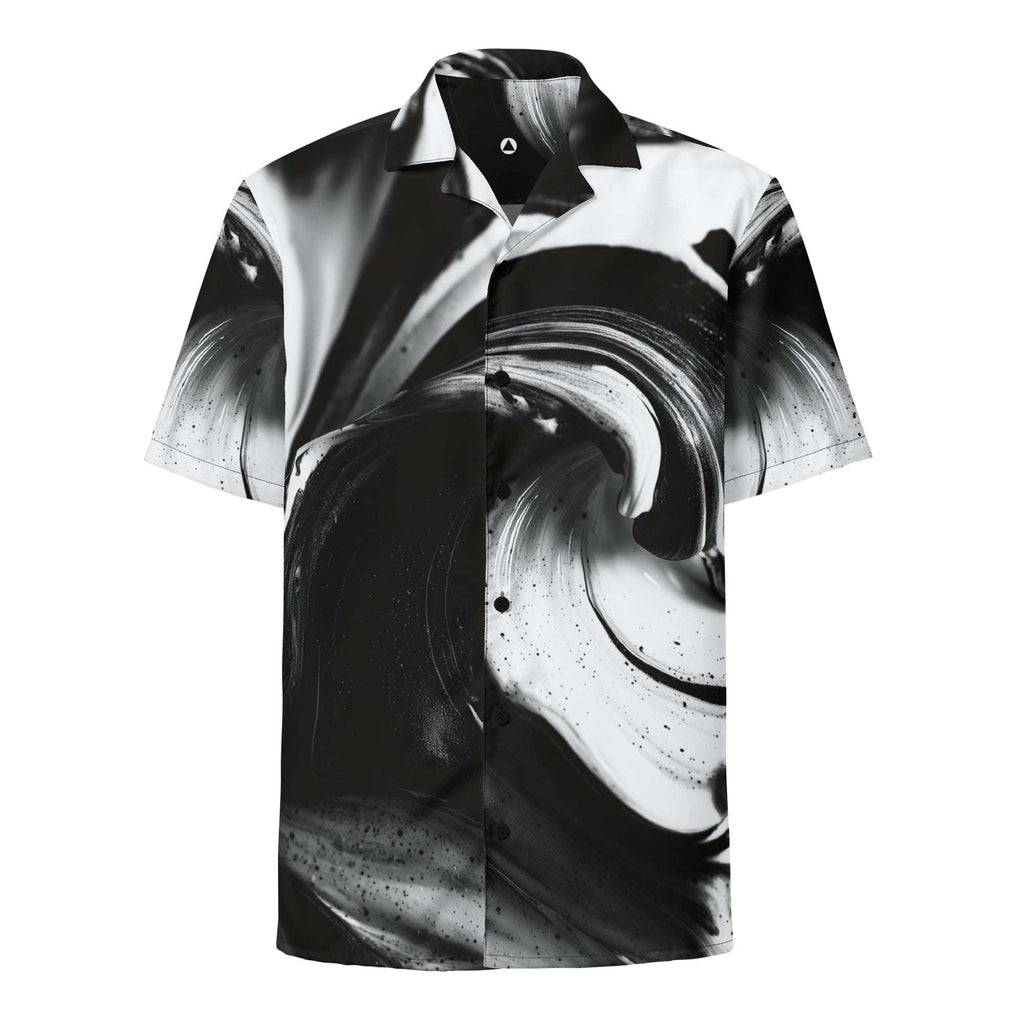Black and white swirl-print short-sleeve button shirt, front view — HER Riptide Sea Shirt by Form Finding Design
