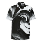 Black and white swirl-print short-sleeve button shirt, front view — HER Riptide Sea Shirt by Form Finding Design