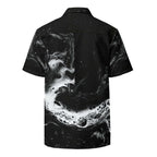 Back view of the black and white fluid-print short-sleeve button shirt — Form Finding Design