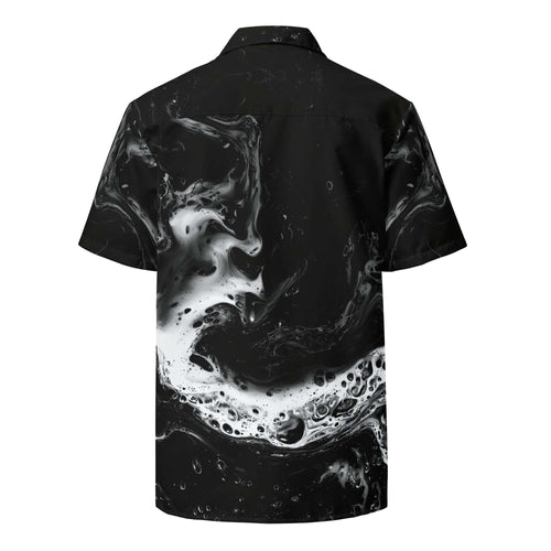 Back view of the black and white fluid-print short-sleeve button shirt — Form Finding Design