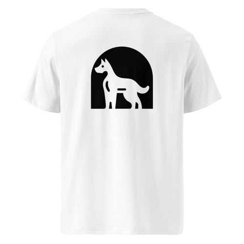 White organic cotton tee, back view, showing a standing dog reversed out of a black arch. Form Finding Design.