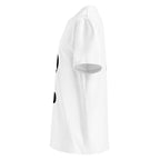 White organic cotton tee, right side view, short sleeve, regular fit, edge of the FFD logo and monogram badge below.