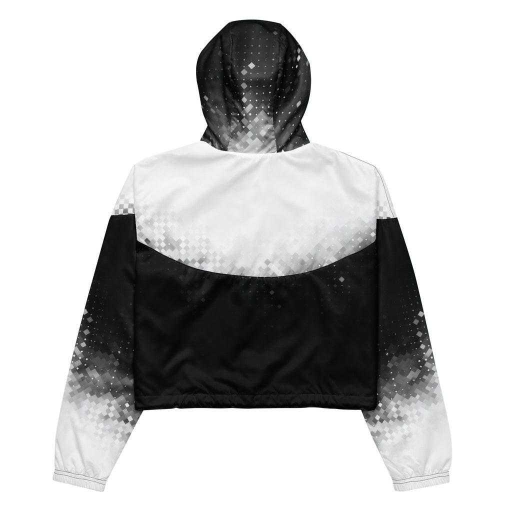 Black and white jacket with gradient design on a white background