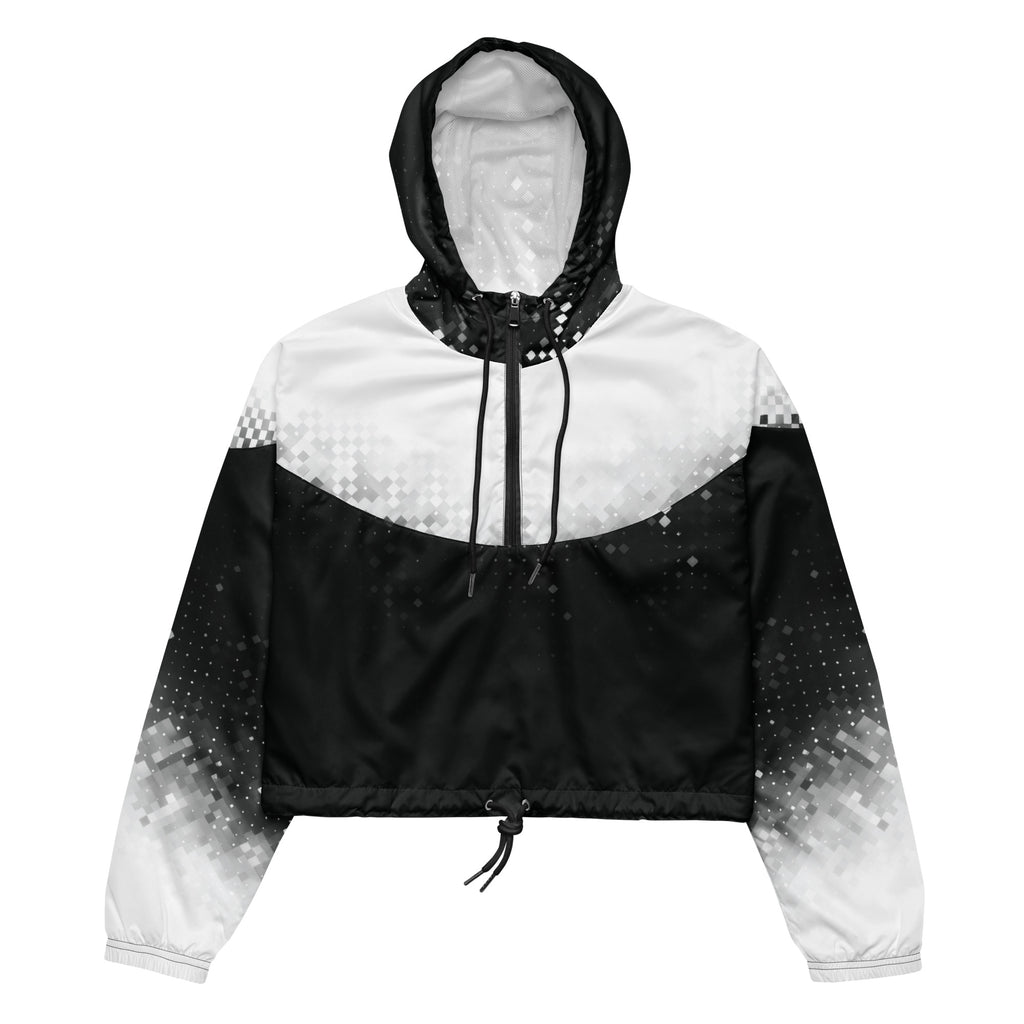 Black and white hooded jacket with gradient design on a white background