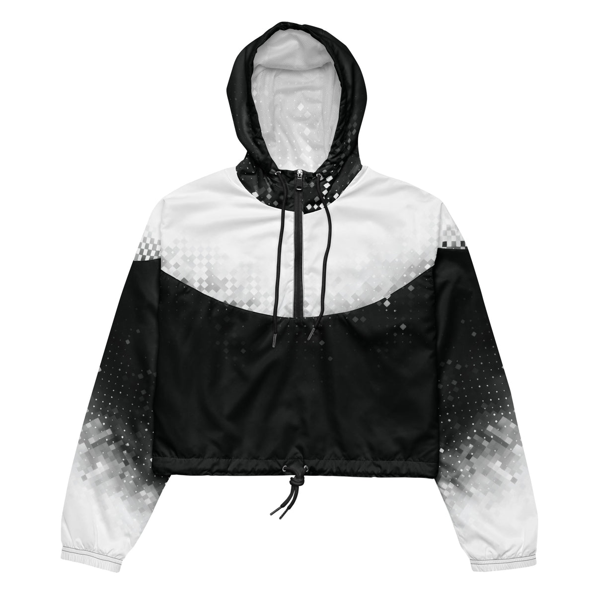 Black and white hooded jacket with gradient design on a white background