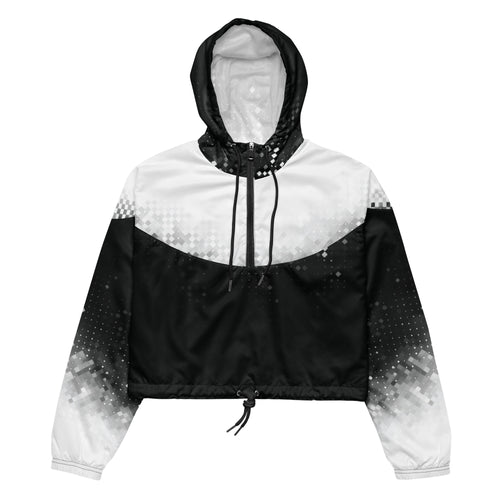 Black and white hooded jacket with gradient design on a white background