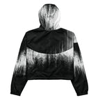 Black and white hooded jacket with abstract pattern on a white background