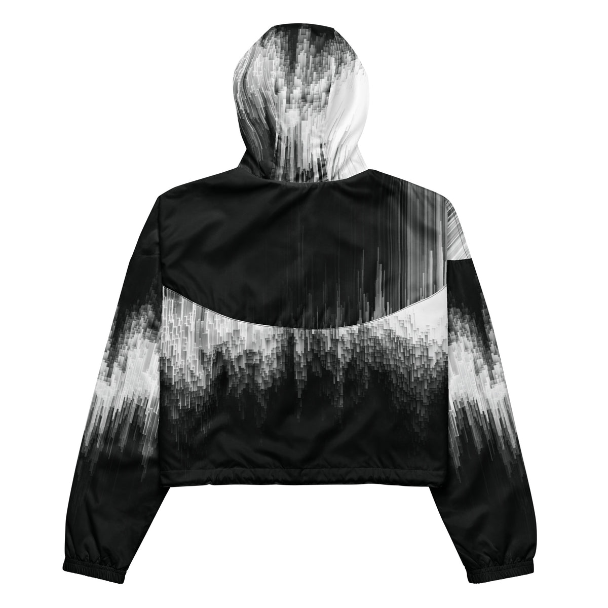 Black and white hooded jacket with abstract pattern on a white background
