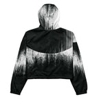 Black and white hooded jacket with abstract pattern on a white background