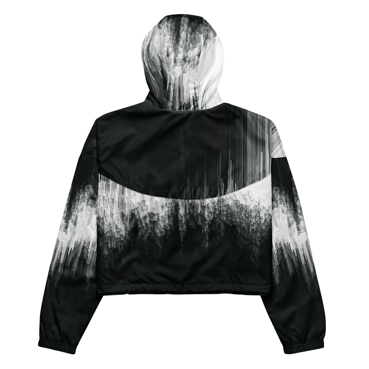 Black and white hooded jacket with abstract pattern on a white background