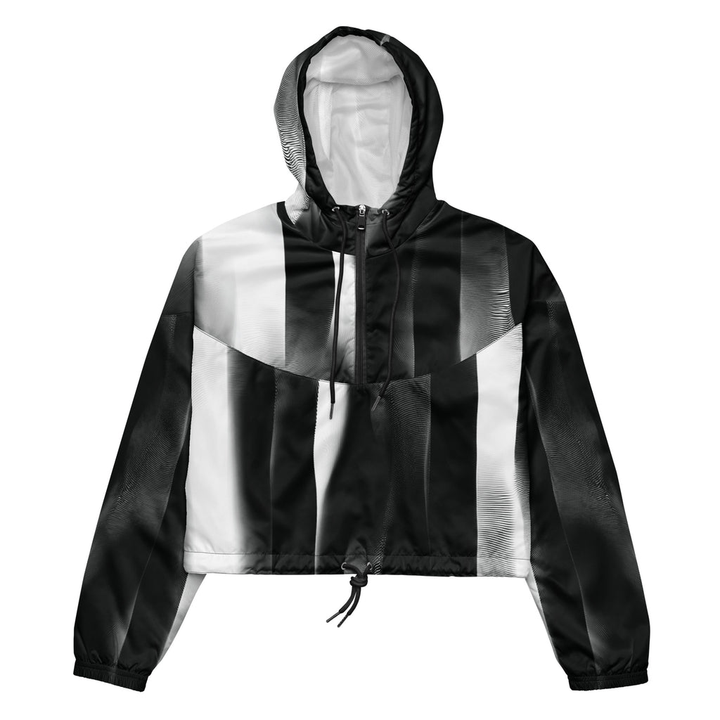 Black and white striped jacket with a hood on a white background