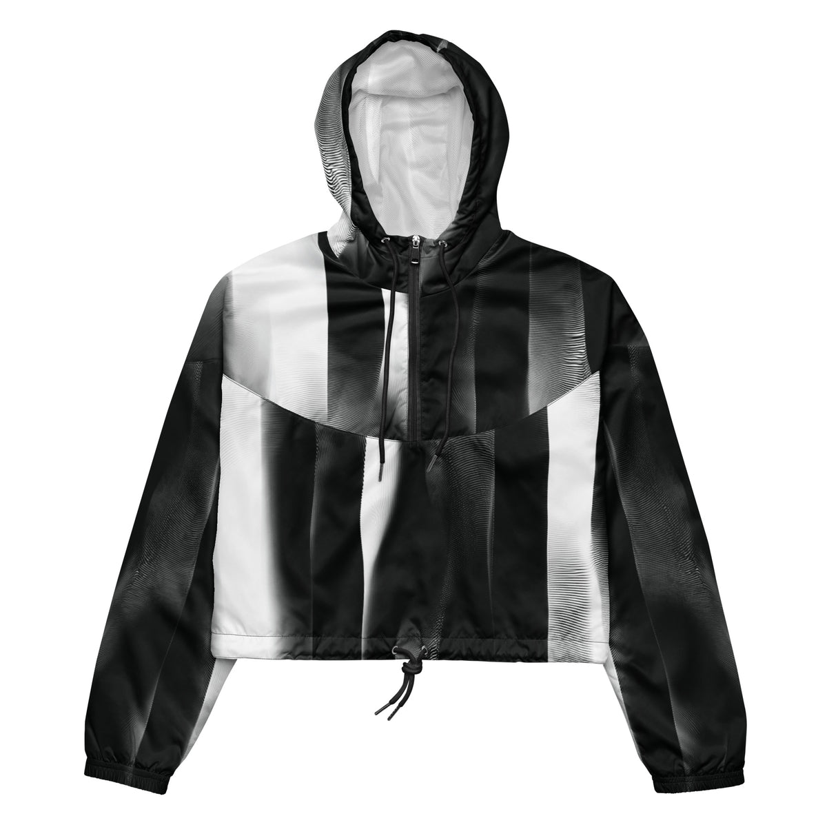 Black and white striped jacket with a hood on a white background