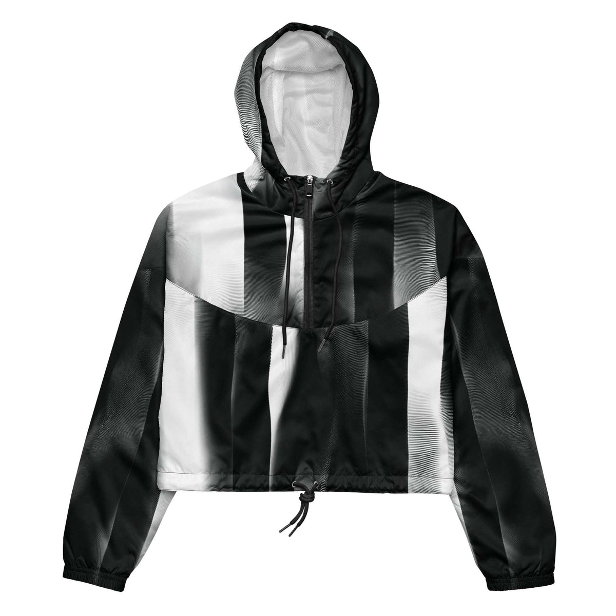 Black and white striped jacket with a hood on a white background