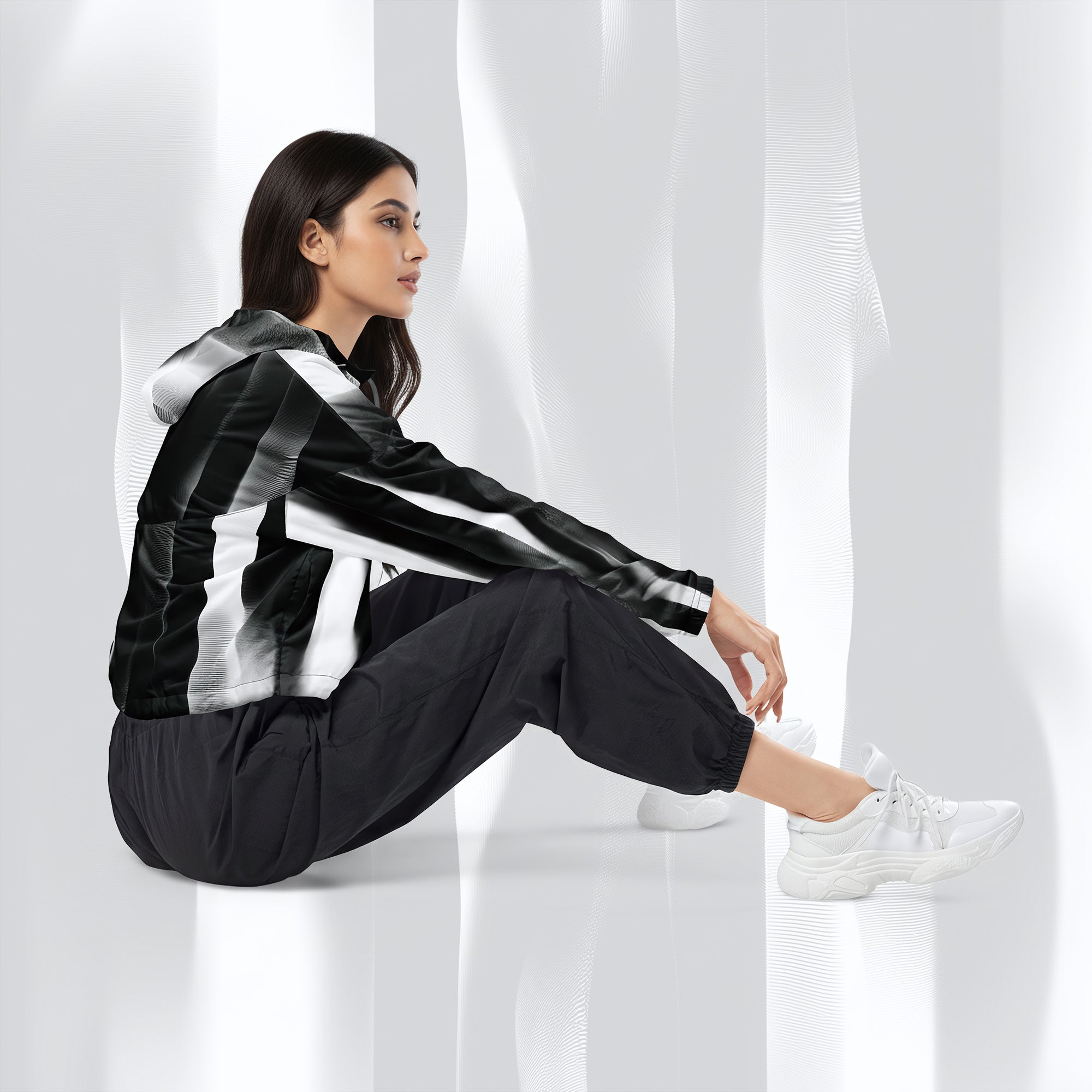 A woman sits on a white floor wearing a black and white striped hooded jacket, black jogger pants, and white sneakers in a bright, modern studio setting with soft draped light.