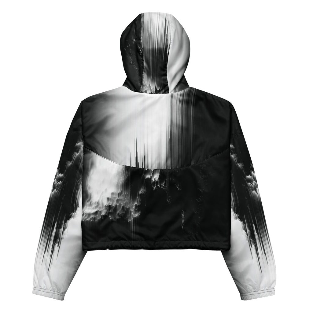 Black and white jacket with abstract design on a white background