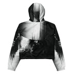 Black and white jacket with abstract design on a white background
