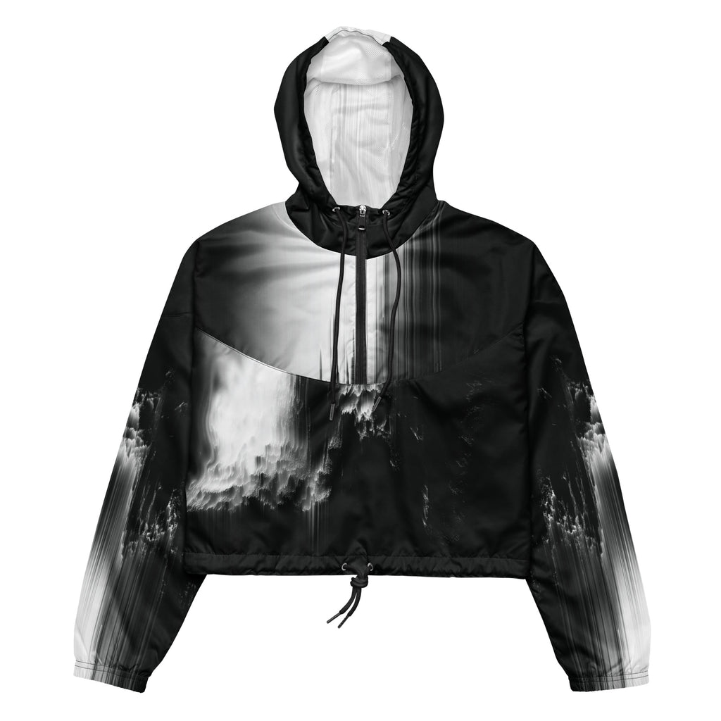 Black and white hooded jacket with abstract design on a white background