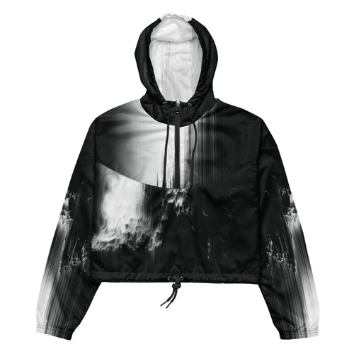 Black and white hooded jacket with abstract design on a white background