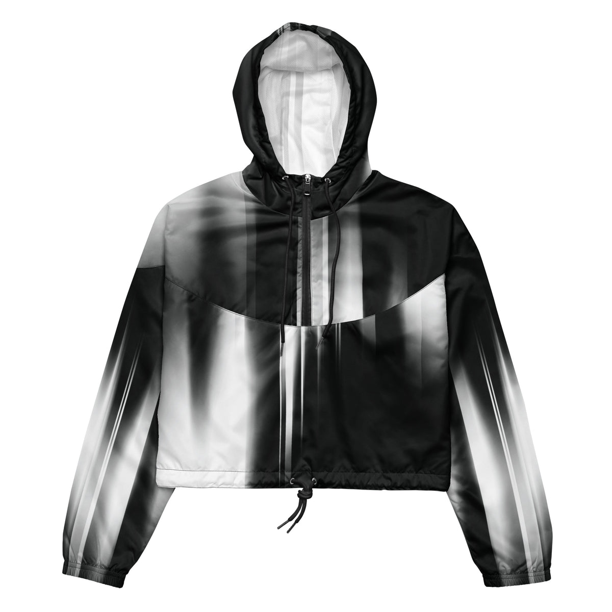 Black and white gradient jacket with a hood on a white background