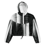 Black and white striped jacket with a hood on a white background