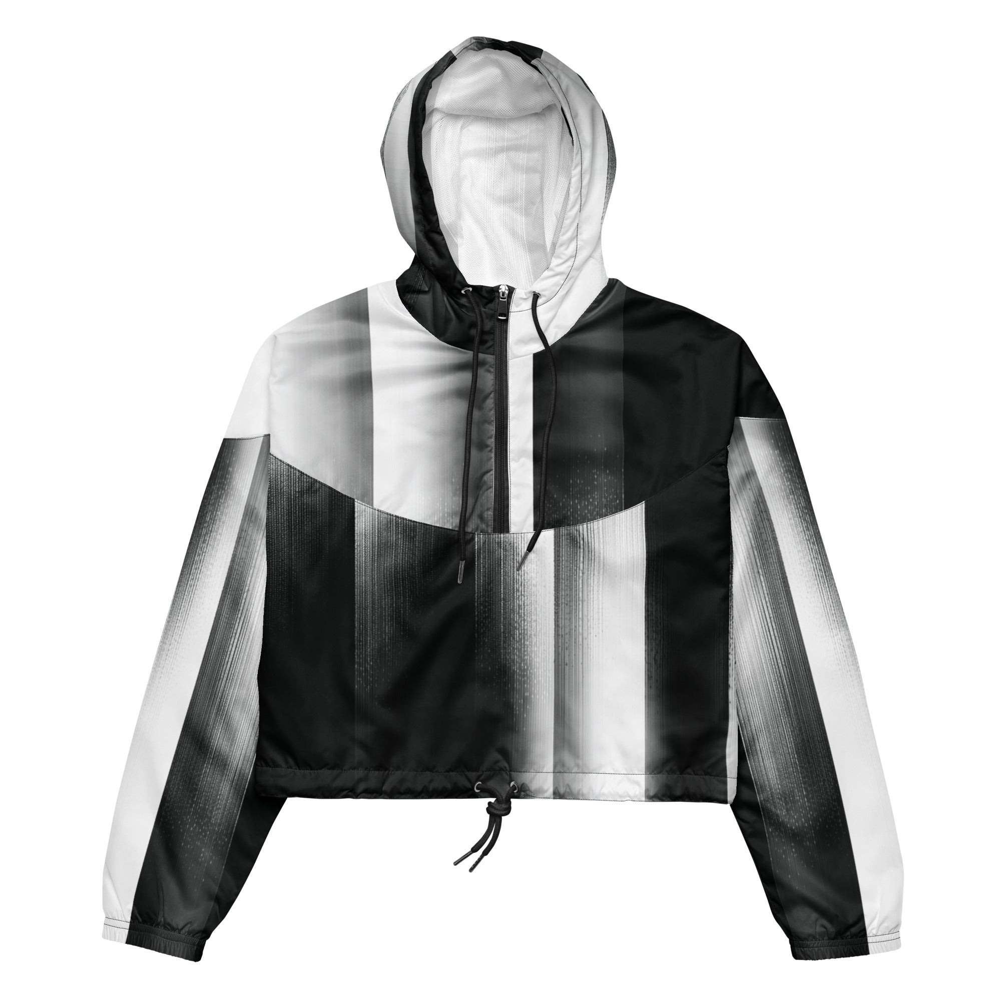 Black and white striped jacket with a hood on a white background
