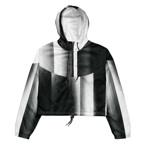 Black and white striped jacket with a hood on a white background