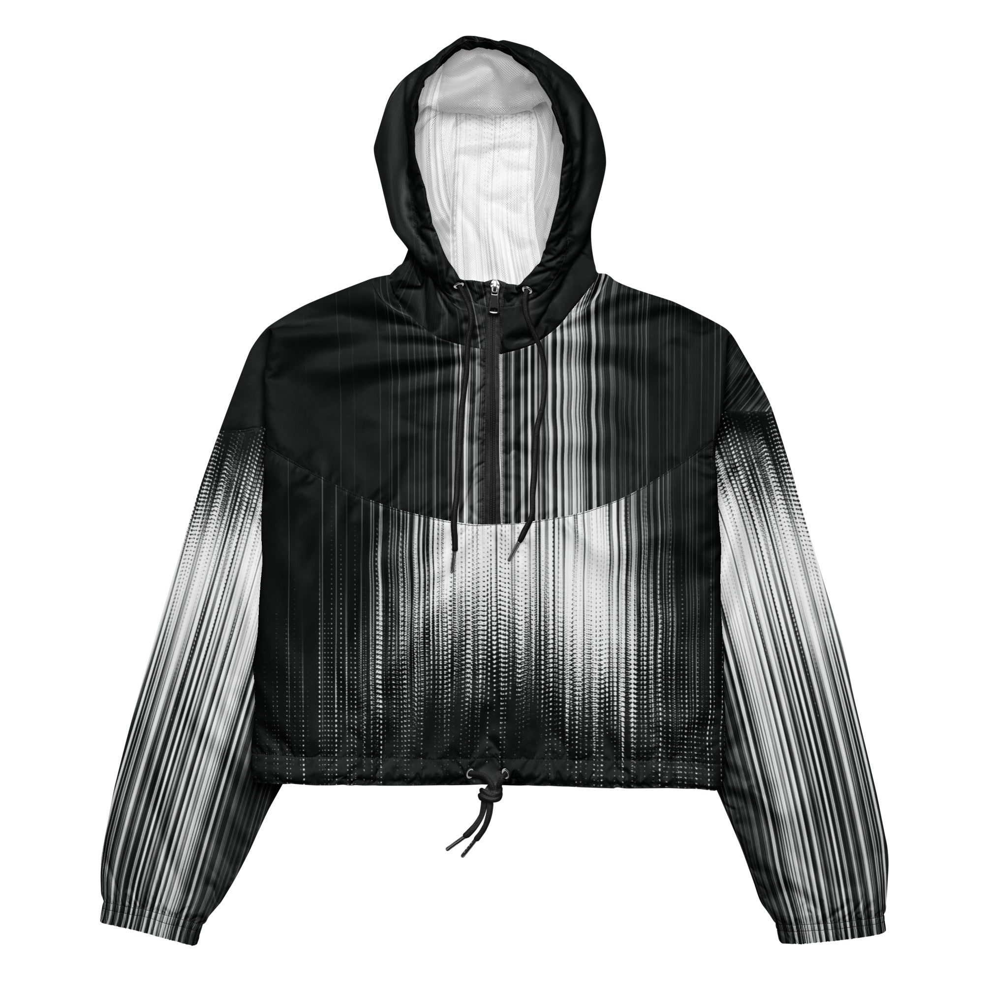 Black and white gradient jacket with hood on a white background