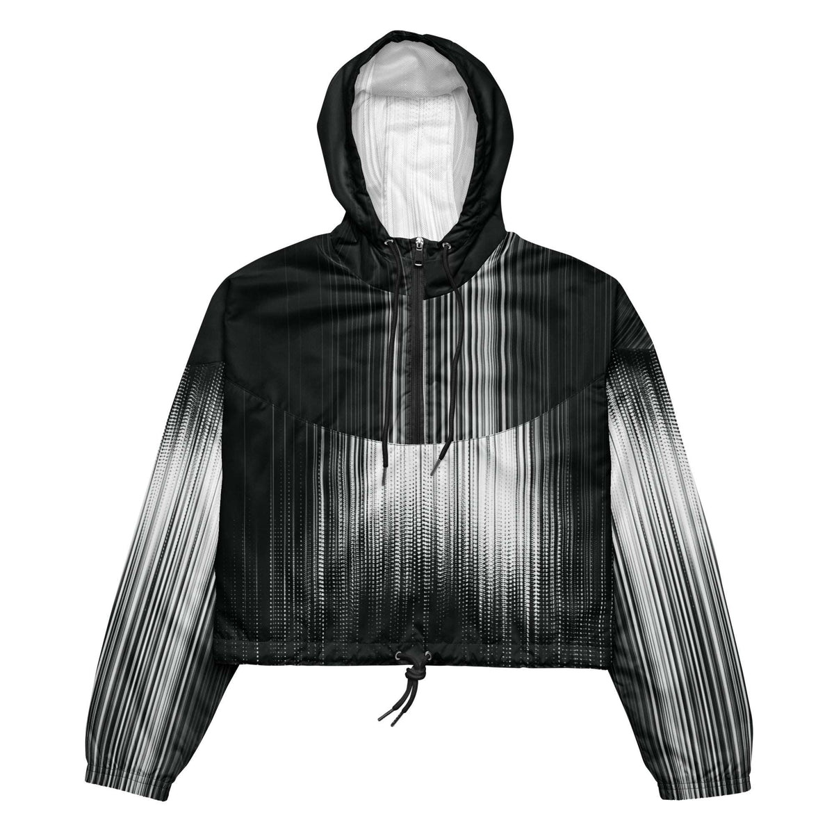 Black and white gradient jacket with hood on a white background