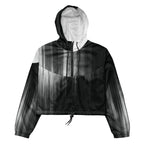 Black and gray hooded jacket with gradient effect on a white background